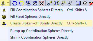 Coordination Spheres dropdown menu opened from Build toolbar with Create broken-off bonds directly command highlighted