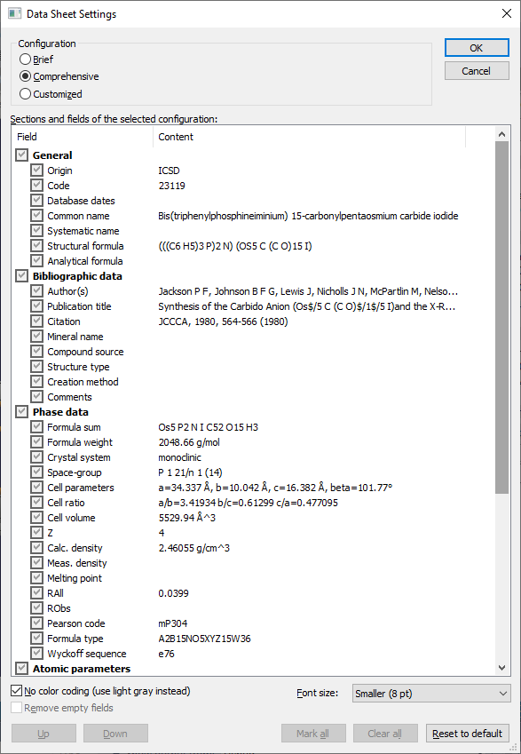 Data Sheet Settings dialog with option Comprehensive configuration selected