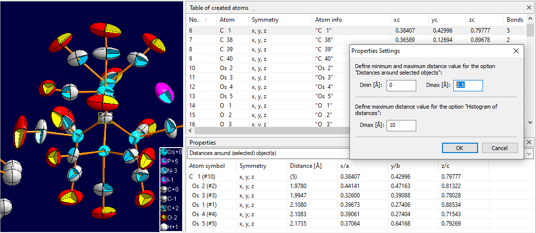 Screenshot with structure picture, table of created atoms, table of neighbouring atoms in properties pane and Properties Settings dialog open