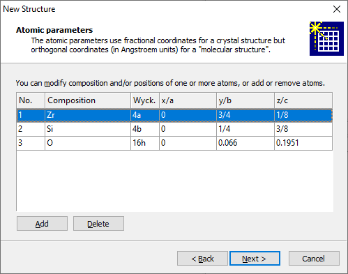 Screenshot of New Structure Assistant, Atomic parameters page