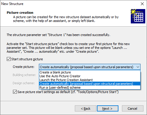 Screenshot of New Structure Assistant, Picture creation page
