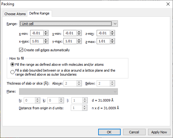 Define range page of the Packing dialog