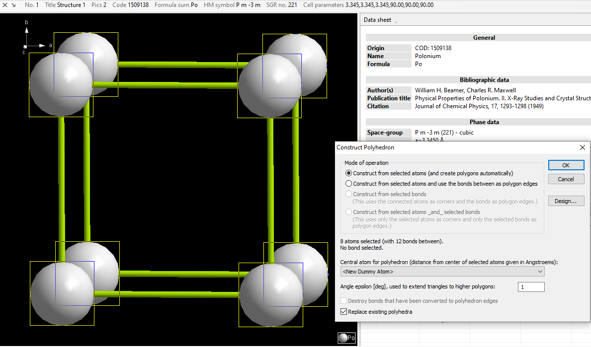 Unit cell of alpha-Po with eight atoms marked and Construct Polyhedron dialog open