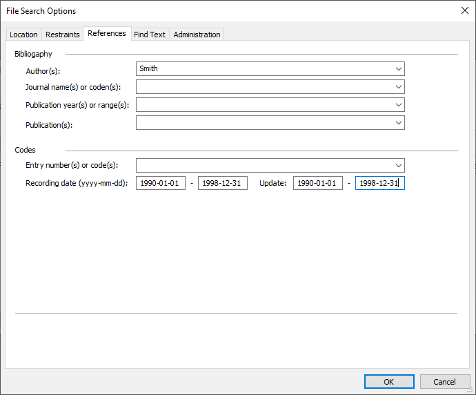 References page of File Search Options dialog