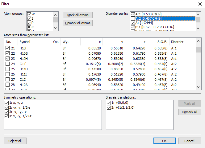 Filter dialog with disorder part A:2 unselected