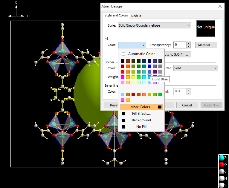 MOF-5 compound COD:1516287 with one terephtalate unit selected and Atom Design dialog open