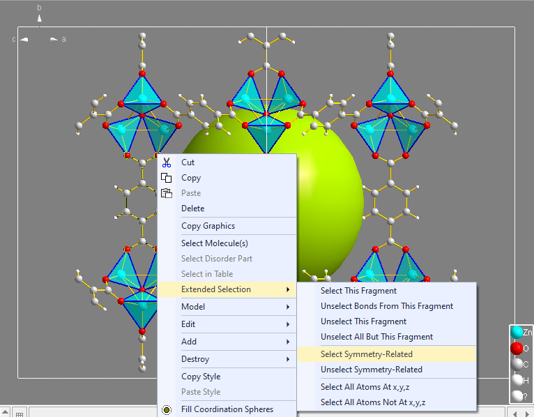 MOF-5 compound COD:1516287 with Edit/Extended Selection/Select Symmetry-Related command focused
