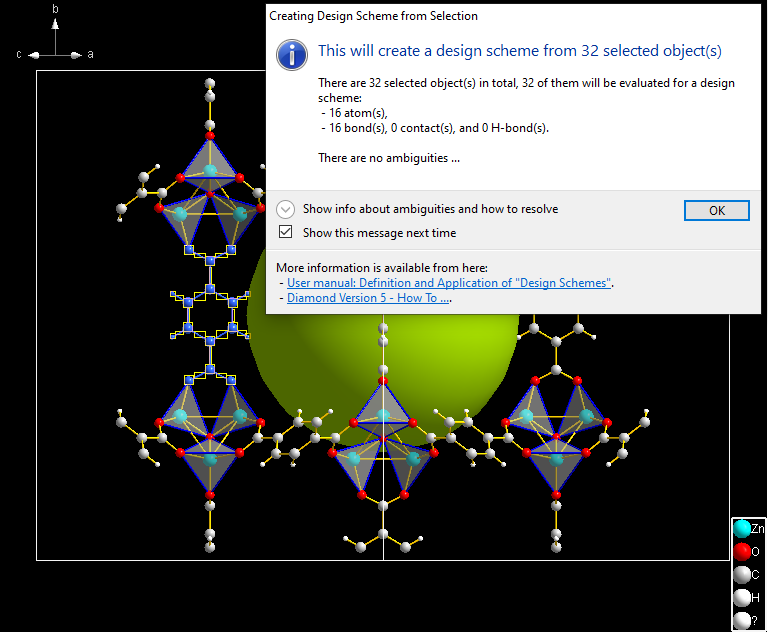 MOF-5 compound COD:1516287 with one terephtalate unit selected and command Create Design Scheme From Selection called