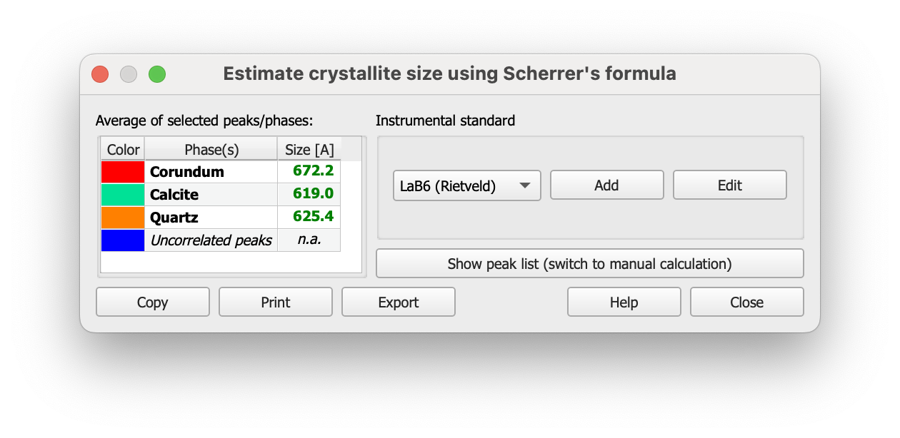 Screenshot showing the result from the automatic crystallite size estimation calculation for the 'quickstart' example