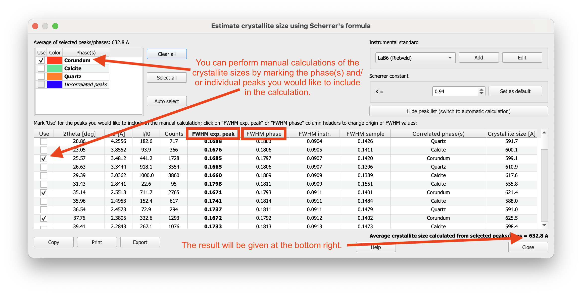 Screenshot showing the result from the automatic crystallite size estimation calculation for the 'quickstart' example